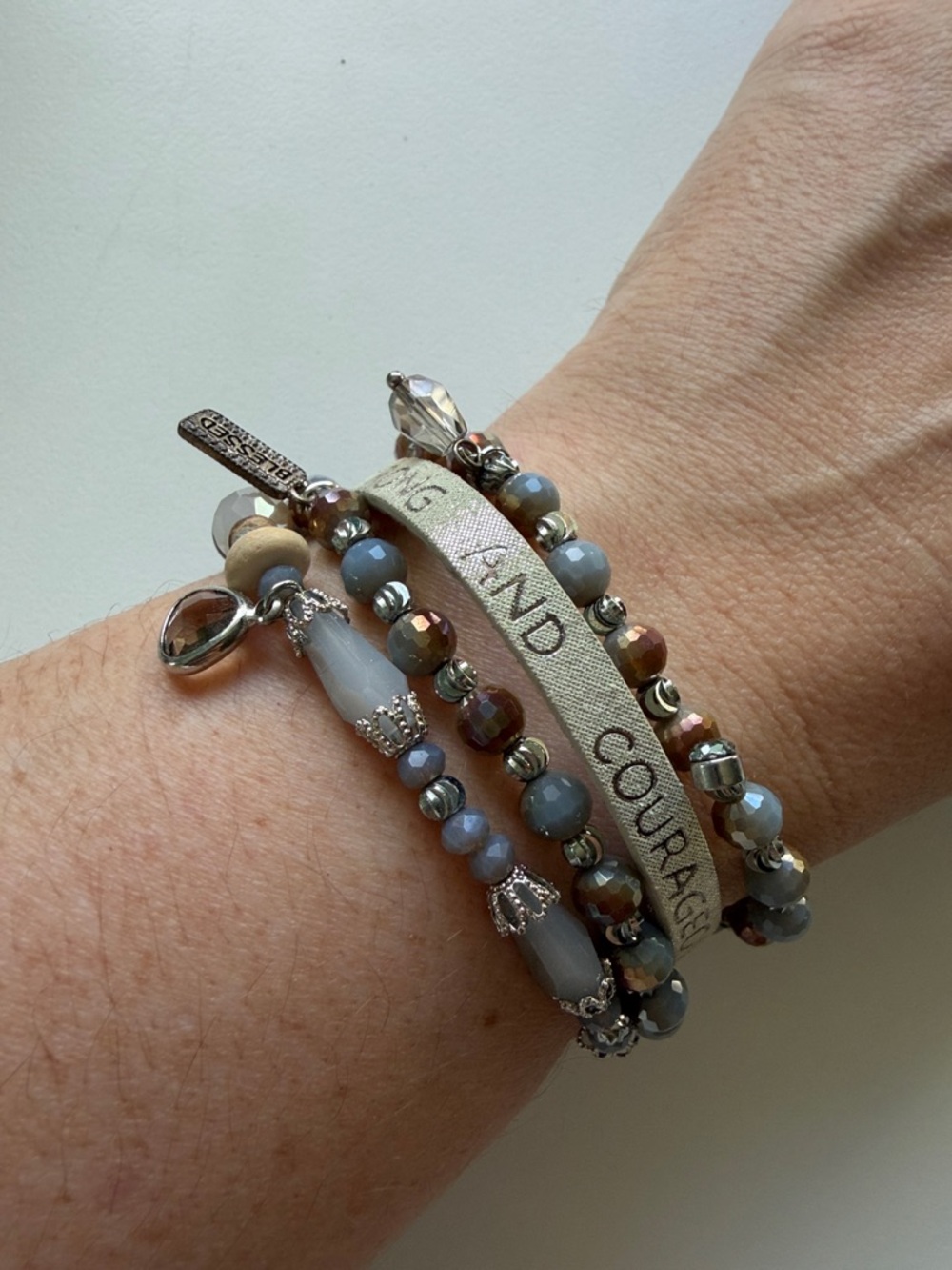 Goodwork(s) Inspirational Multi-Strand Bracelet Set in Gray, Cream and Metallic